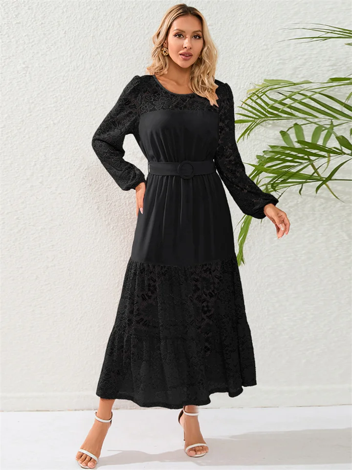 Autumn Large Size Slim Temperament Sexy Lace Dress French Lace See-through Mid-length Dresses for Women-Cosfine