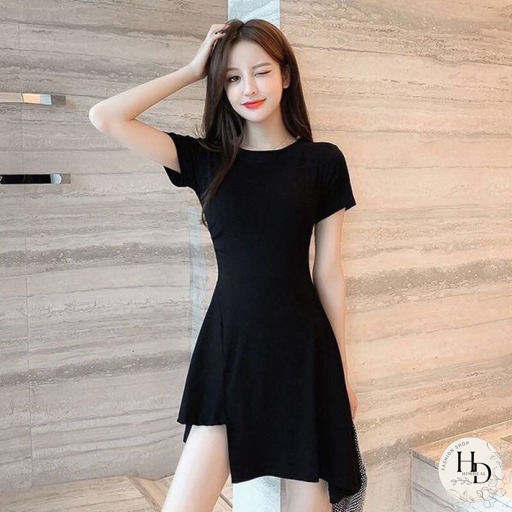 Women Dress Short Sleeves Classic Stylish Ulzzang Mini Asymmetrical Tunic Black Elegant Femme Sweet Cool Girls Leisure Chic Ins