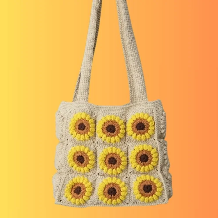 Lulusnow Handmade White Beige Classic Sunflower Crochet Granny Square Bag  Shoulder Bag 