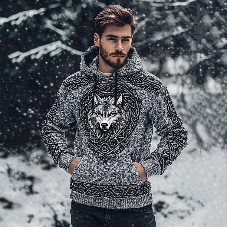 Men's Viking Wolf Art Knit Pocket Hooded Sweater