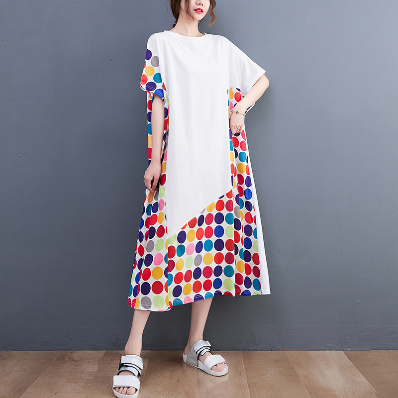 Loose Polka Dot Print Crew Neck Midi Dress