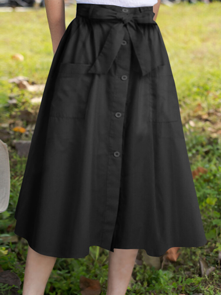 Solid Color Button Pocket Knotted Long Casual Skirt for Women