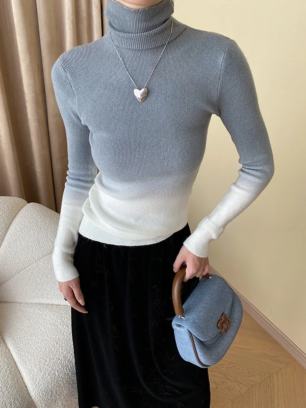 Gradient Skinny Long Sleeves High-Neck Sweater Tops Pullovers