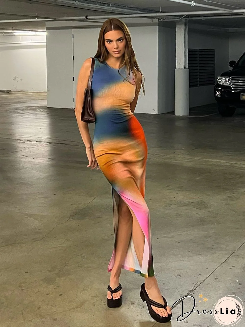 Hugcitar Tie Dye O Neck Sleeveless Backless Slit Maxi Dress Sexy Slim Summer Women Streetwear Party Club Outfits Y2K