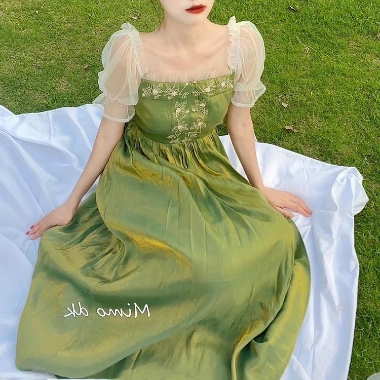 French Green Square Collar Embroidered Patchwork Tulle Puff Sleeve Dress