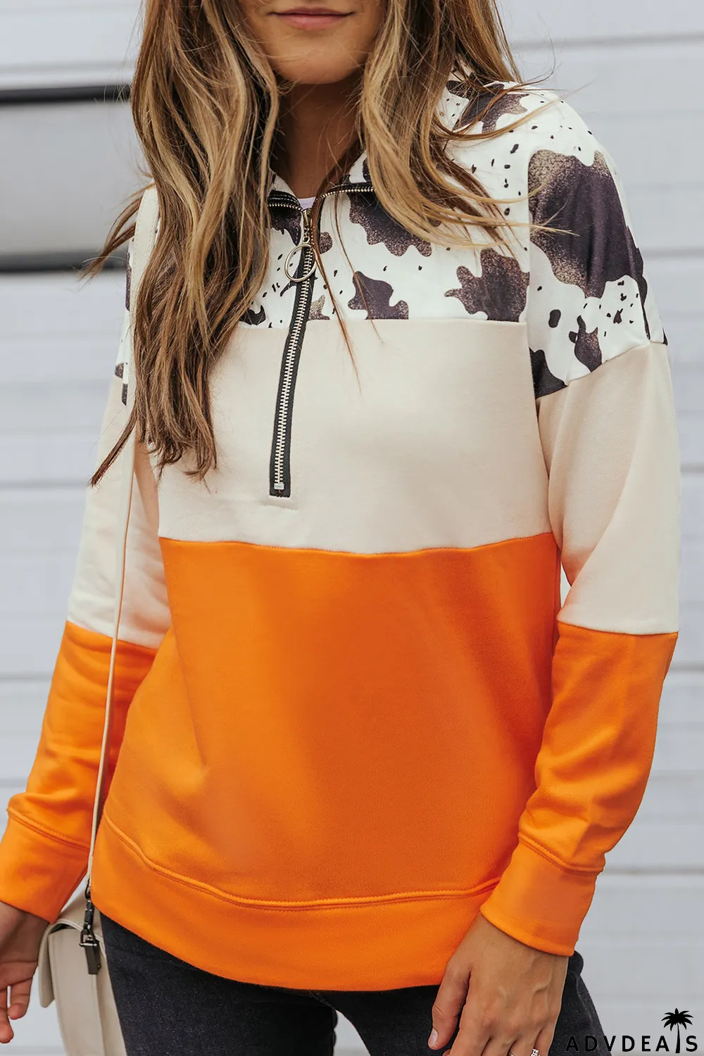 Cow Print Color Block Zip-Up Pullover Sweatshirt