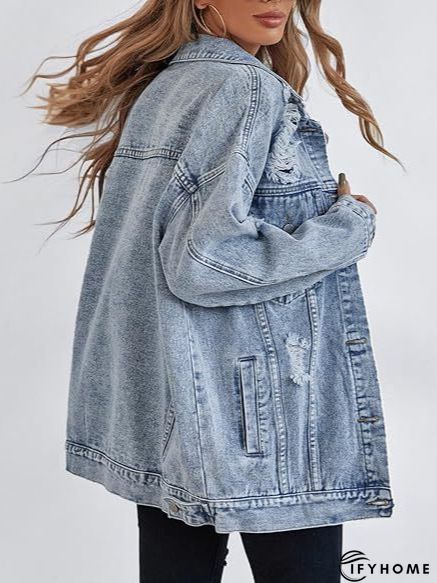 Blue Shirt Collar Plain Long Sleeve Denim Denim Jacket | IFYHOME