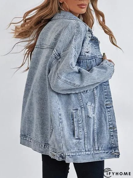 Blue Shirt Collar Plain Long Sleeve Denim Denim Jacket | IFYHOME
