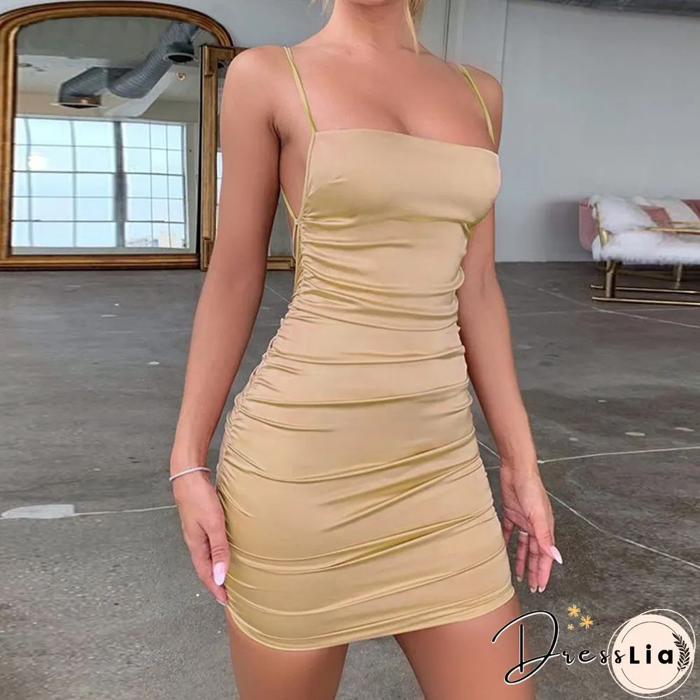 Spaghetti Strap Mini Satin Dress Women Sexy Backless Cross Bandage Bodycon Party Dress Pleated Stretch Short Suit Club Dress