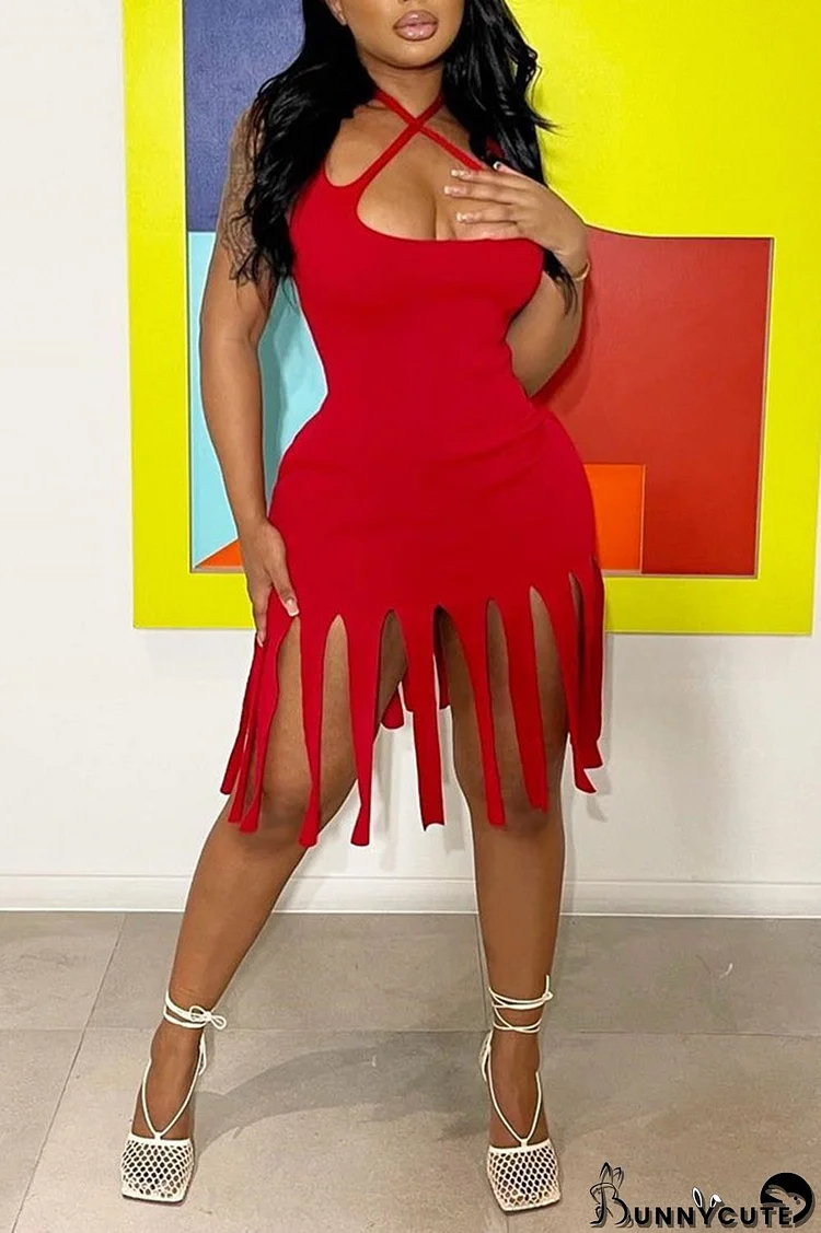 Red Sexy Solid Tassel Split Joint Pencil Skirt Dresses