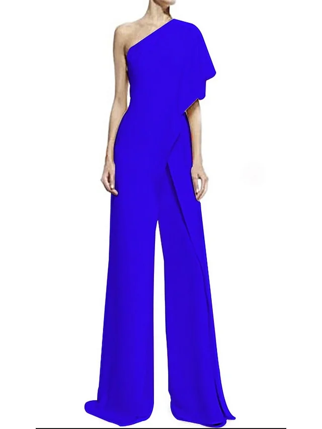 Women's Jumpsuit Ruffle Zipper Solid Color One Shoulder Basic Party Bootcut Regular Fit Wine Green Purple S M L Summer