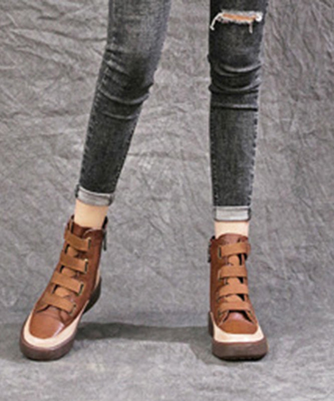 VCSHOES Brown Lace Up Platform Boots Splicing Cowhide Leather Ankle boots