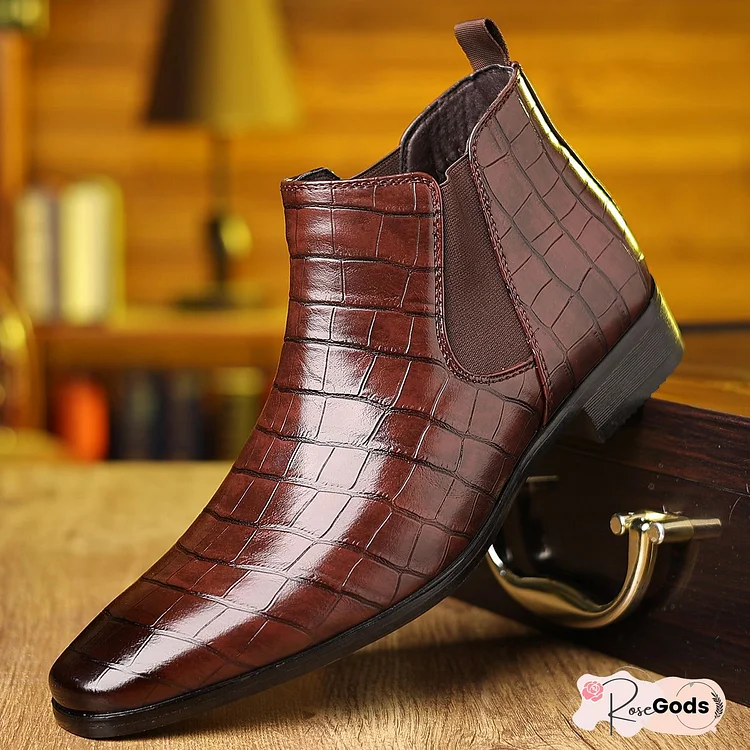 Men's Carved Pointed Toe Crocodile Chelsea Boots