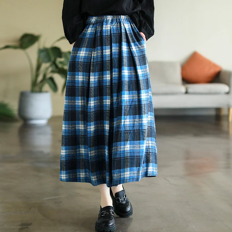 Vintage Cotton and Linen Check Elastic High Waist Plus Size A-Line Skirt