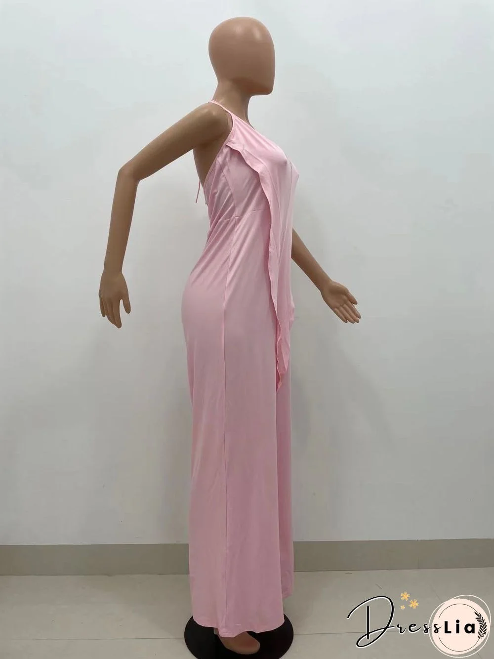 Casual Solid Color Sleeveless Ruffle Halter Lace Up Party Club Summer Plus Size Loose Wide Leg Jumpsuits