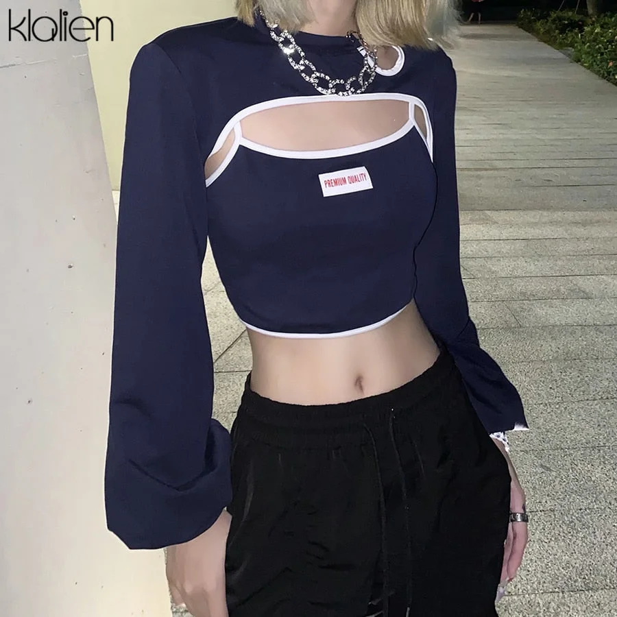 KLALIEN Women Casual Streetwear Long Sleeve Top with Camisole Two Piece T Shirt Autumn New Office Lady Slim Stretch Cotton Tee