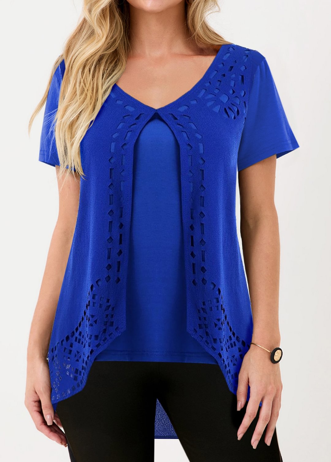 Hollow Out Royal Blue Faux Two Piece T Shirt
