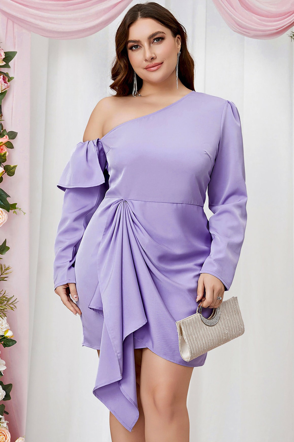 Plus Size Everyday Lavender Skew Neck Ruffle Long Sleeve Mini Dress 2024 - Flycurvy 