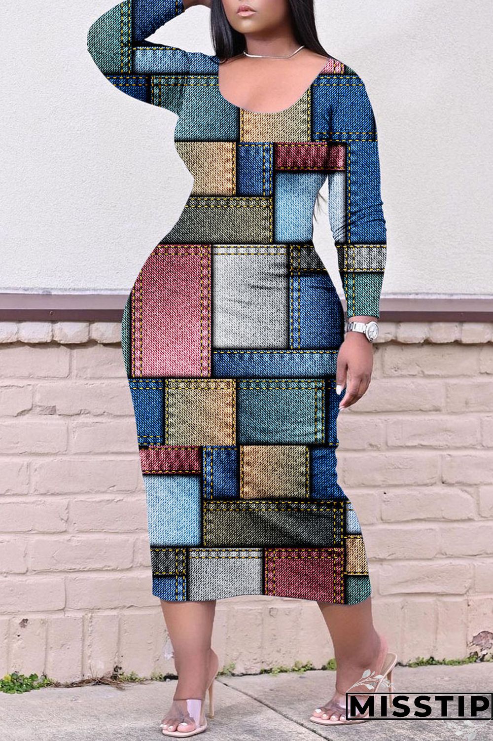 Colour Casual Print Patchwork O Neck Straight Plus Size Dresses