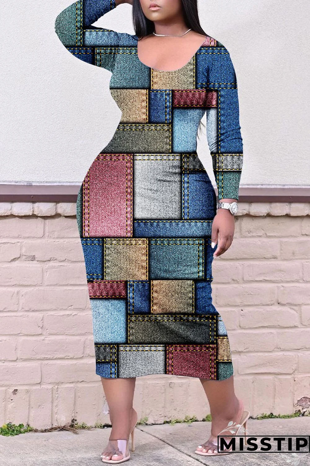 Colour Casual Print Patchwork O Neck Straight Plus Size Dresses