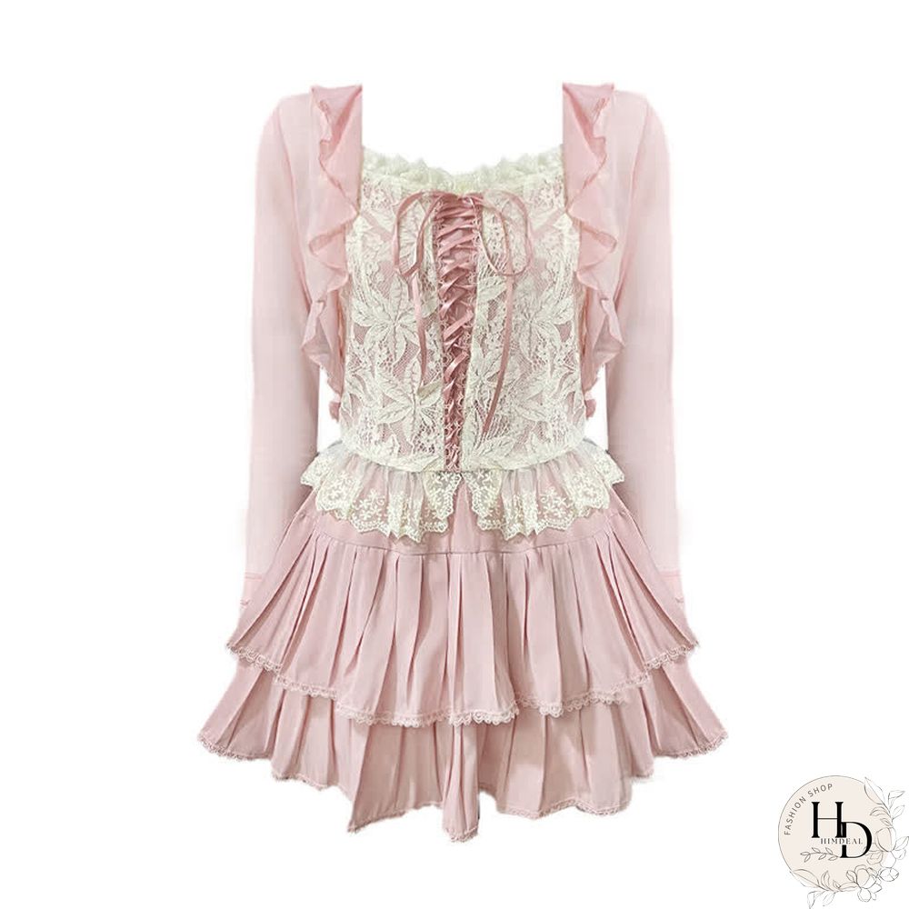 Pure Color Cardigan Lace-up Lace Corset Top Layered Mini Skirt