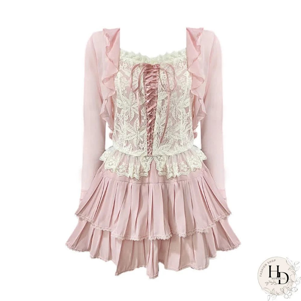 Pure Color Cardigan Lace-up Lace Corset Top Layered Mini Skirt