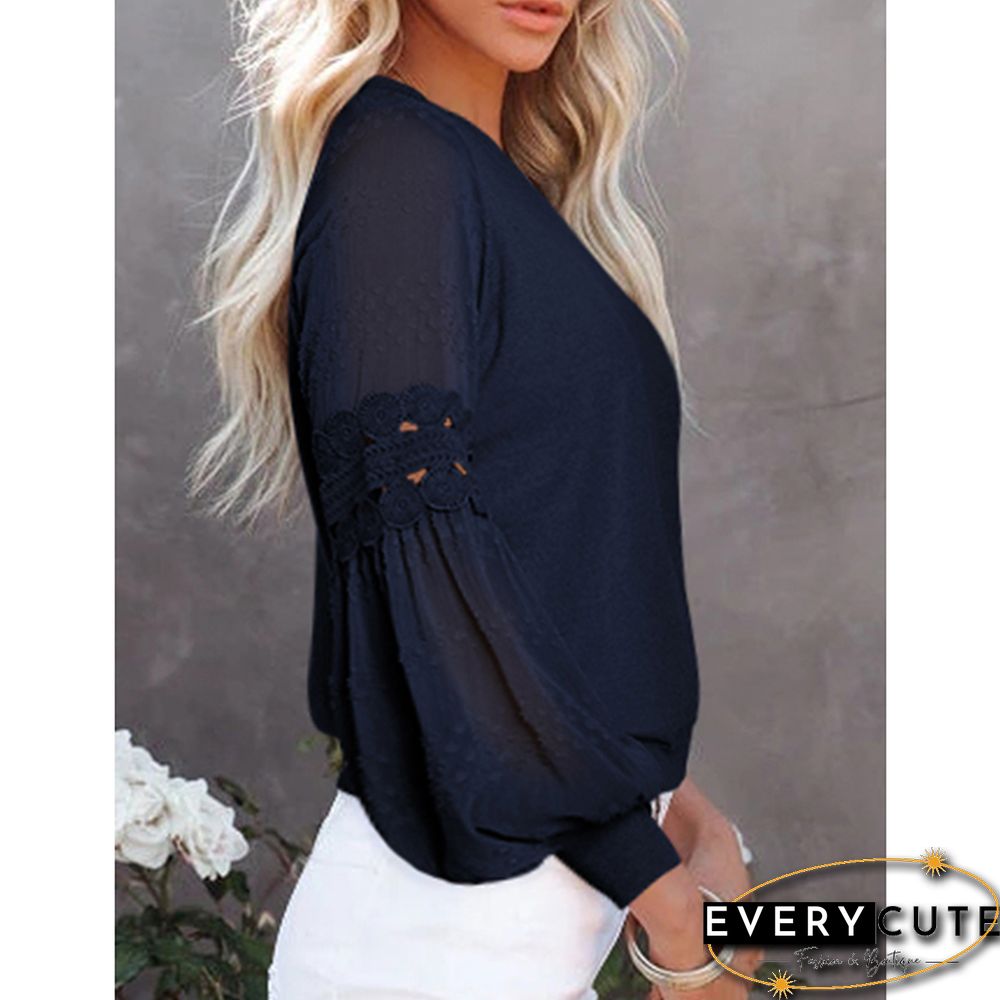 Navy Blue Splicing Hollow-out Lantern Sleeve Tops