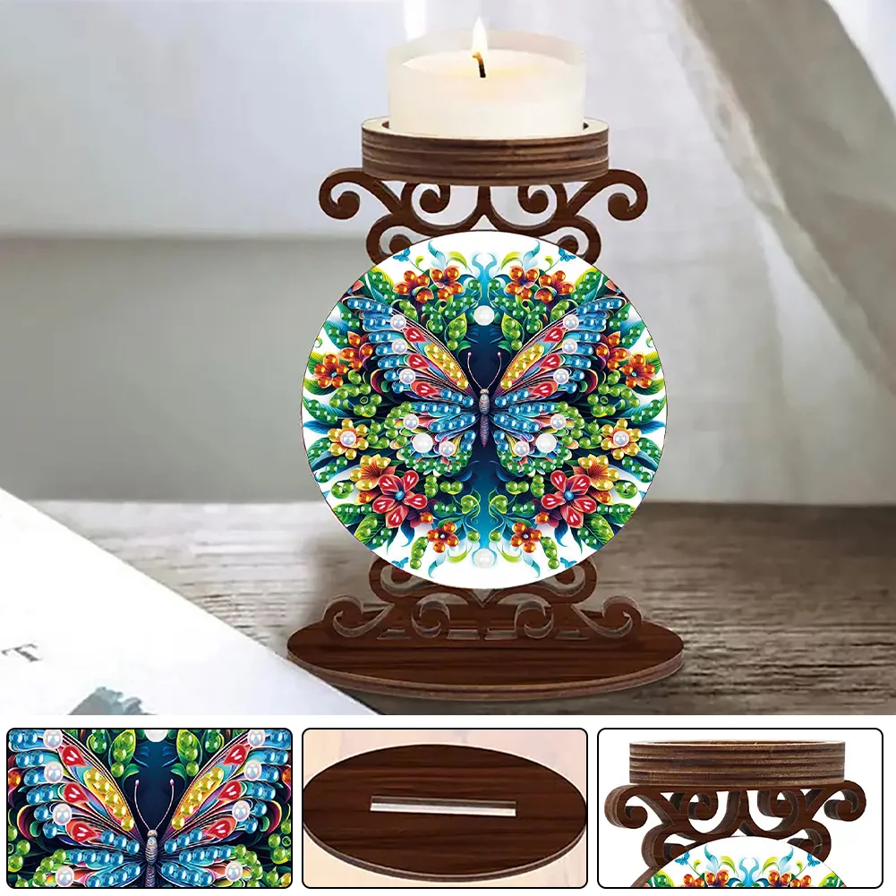 Wooden Diamond Painting Candle Holder Rhinestone Candlestick Decor (Butterfly)