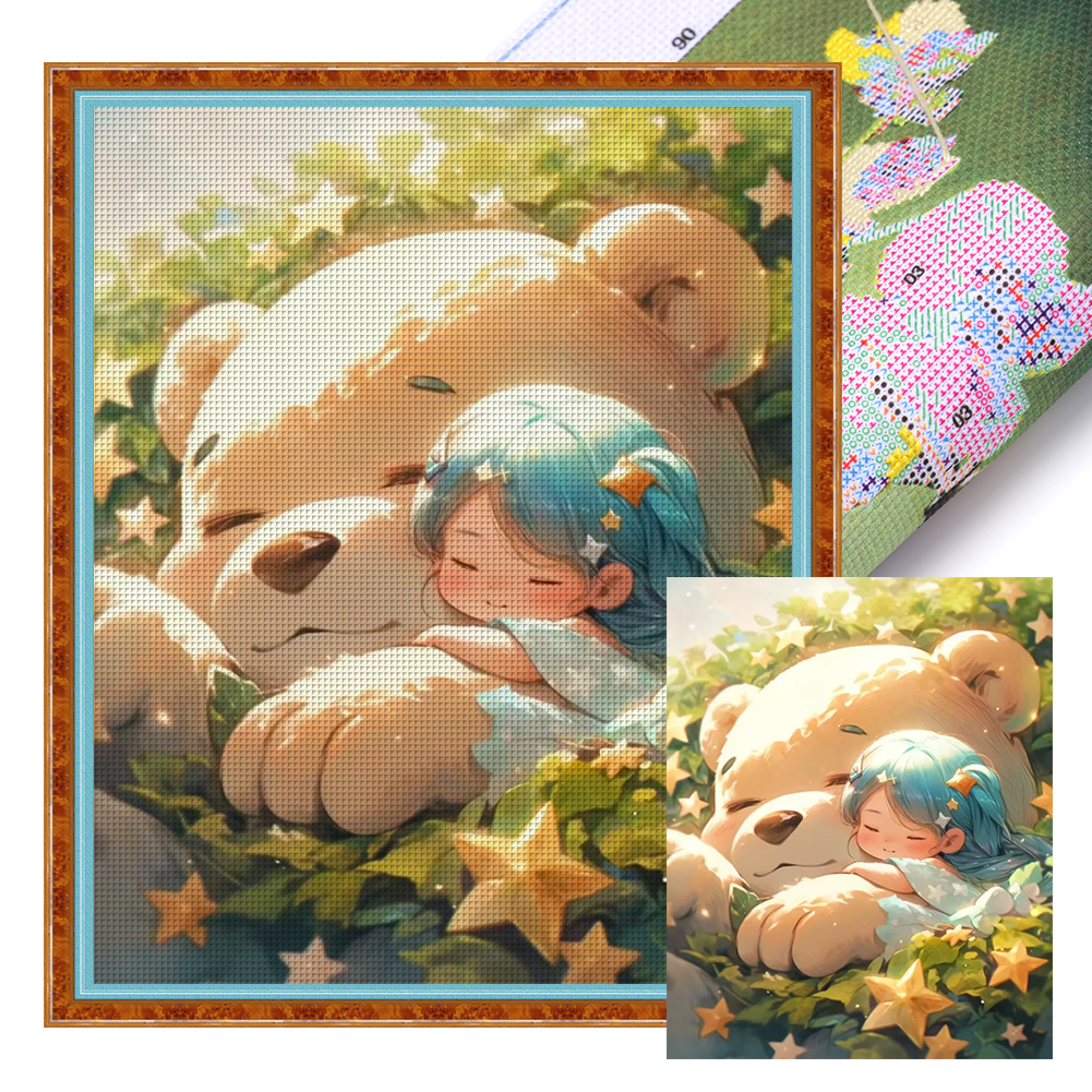 Girl And Bear In The Sun Full 11CT Pre-stamped Canvas(40*50cm) Cross Stitch