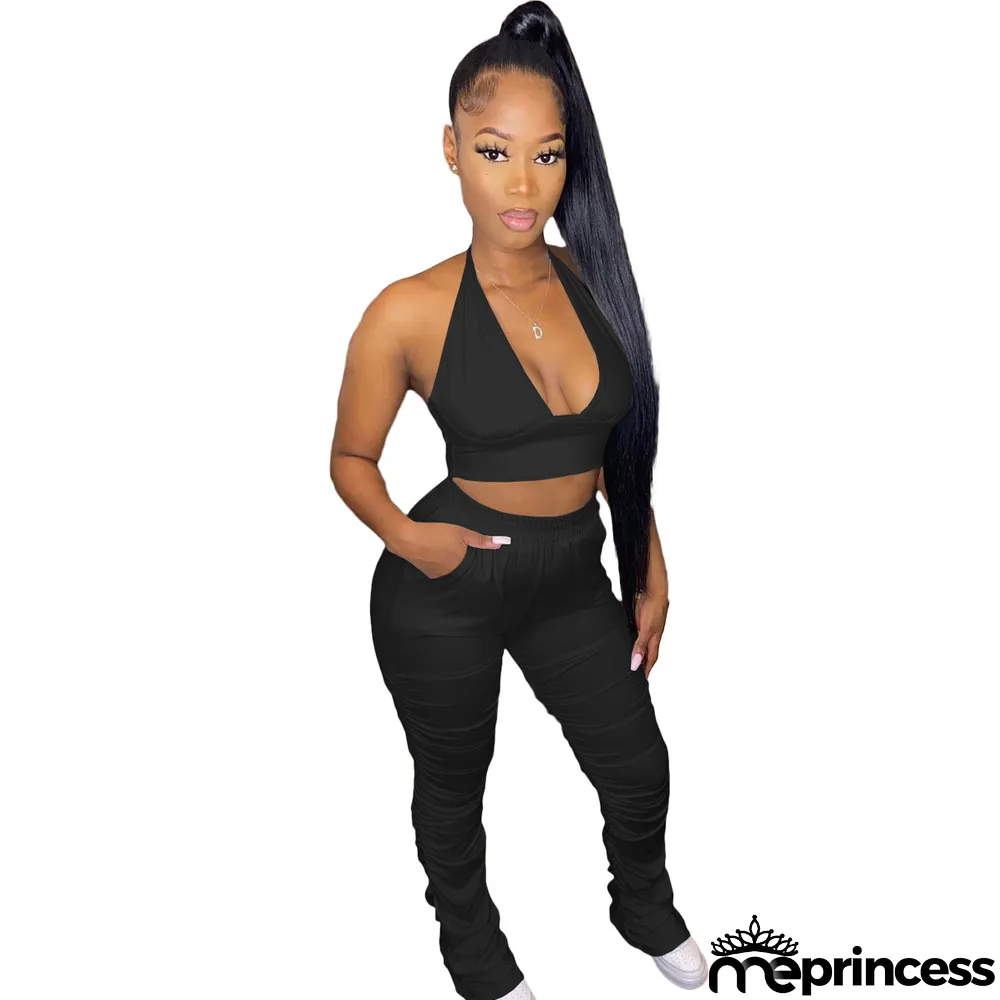 Sexy Solid Halter Low Back Crop Vest Pleated Pants Two Piece Set