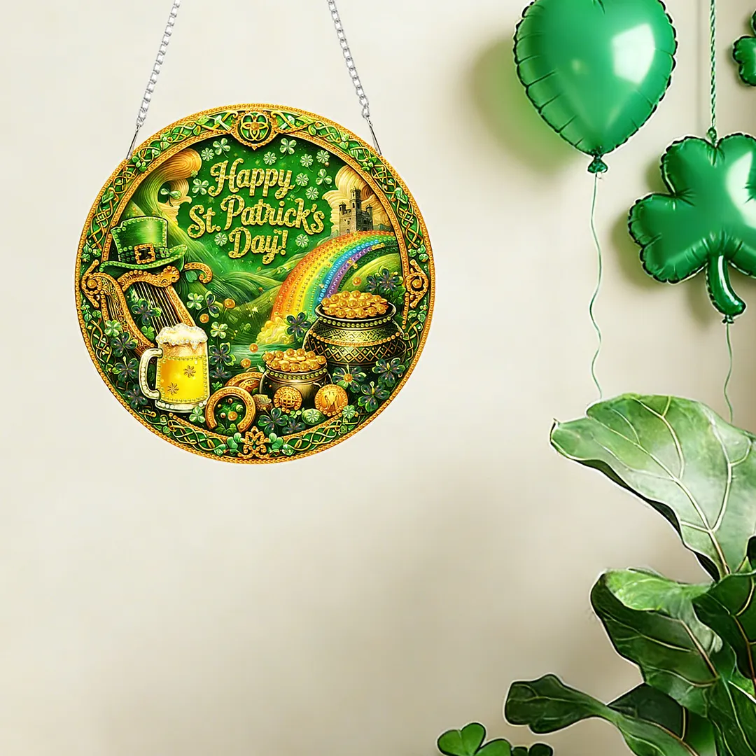 St Patricks Day DIY 2D Flat Acrylic Diamond Painting Kits 5D Diamond Art Painting Window Pendants for Home Garden Wall Decoration