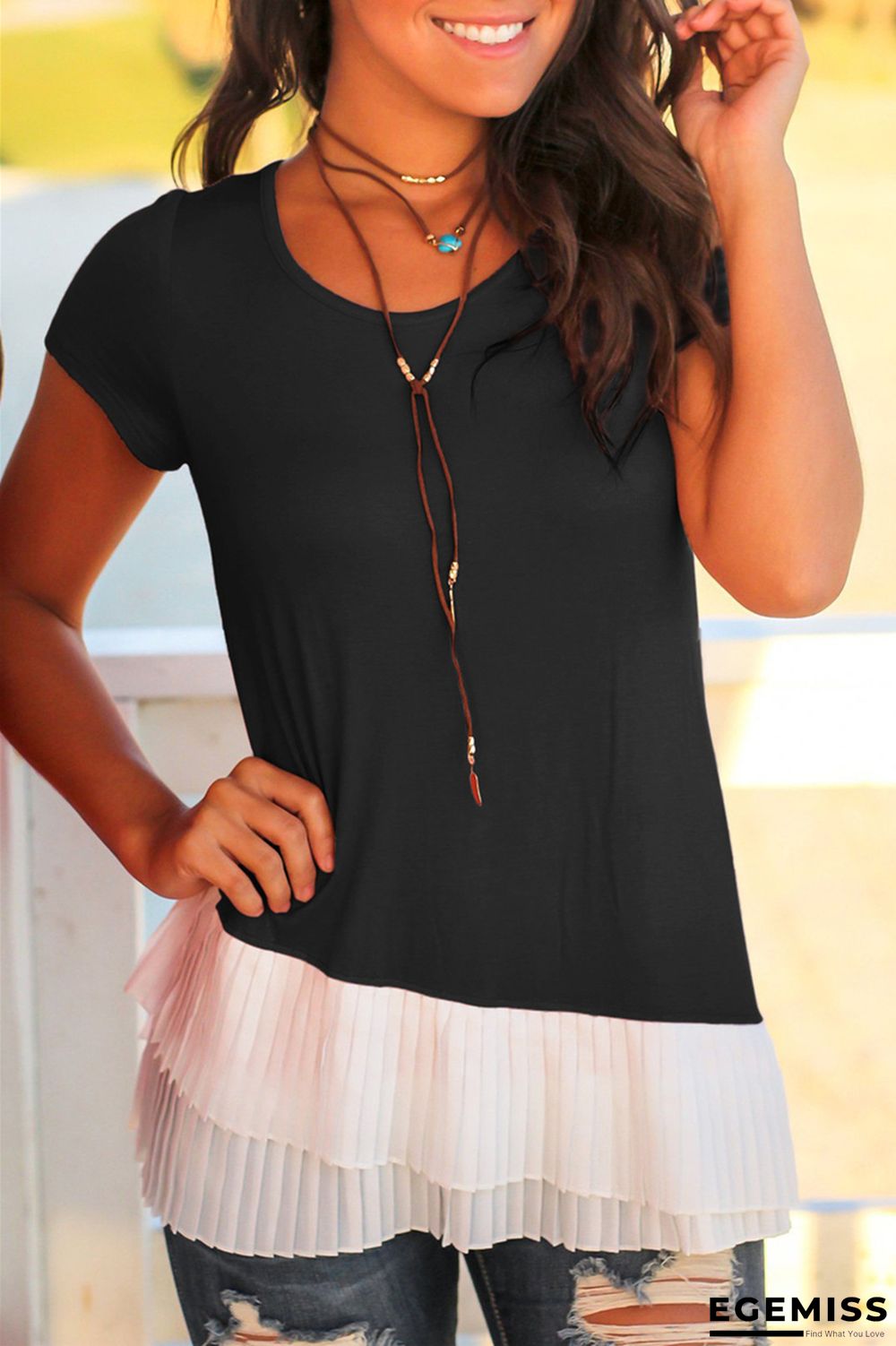 Black Fashion Casual Solid Patchwork O Neck Tops | EGEMISS