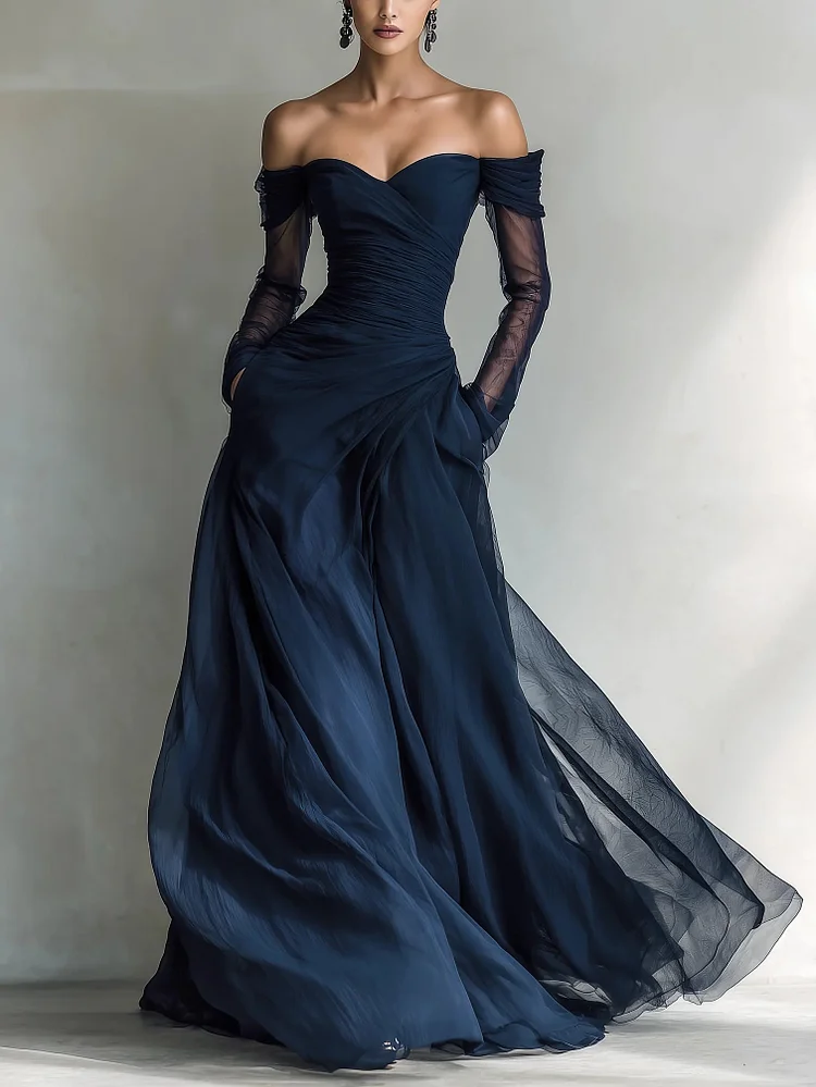 Elegant Navy Organza Off-Shoulder Fitted Maxi Dress