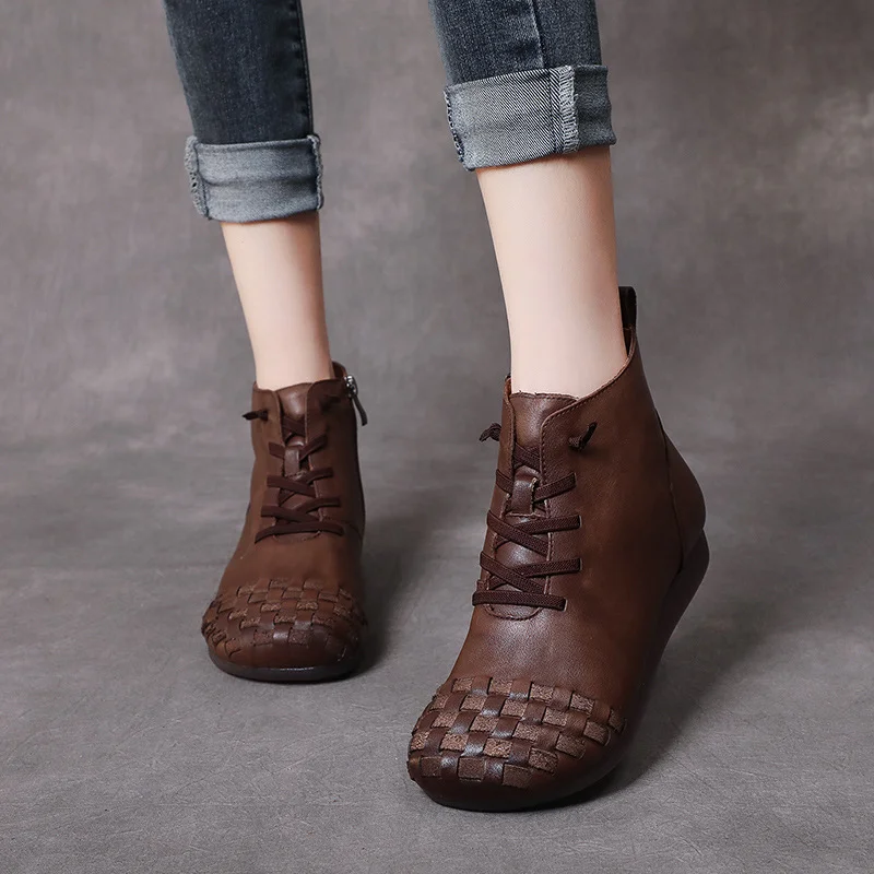 Yyvonne Time 138] National Wind Leather Hand-Woven Flat Bottom Short Boots Cow Skin Boots Soft Bottom Women's Cotton Boots
