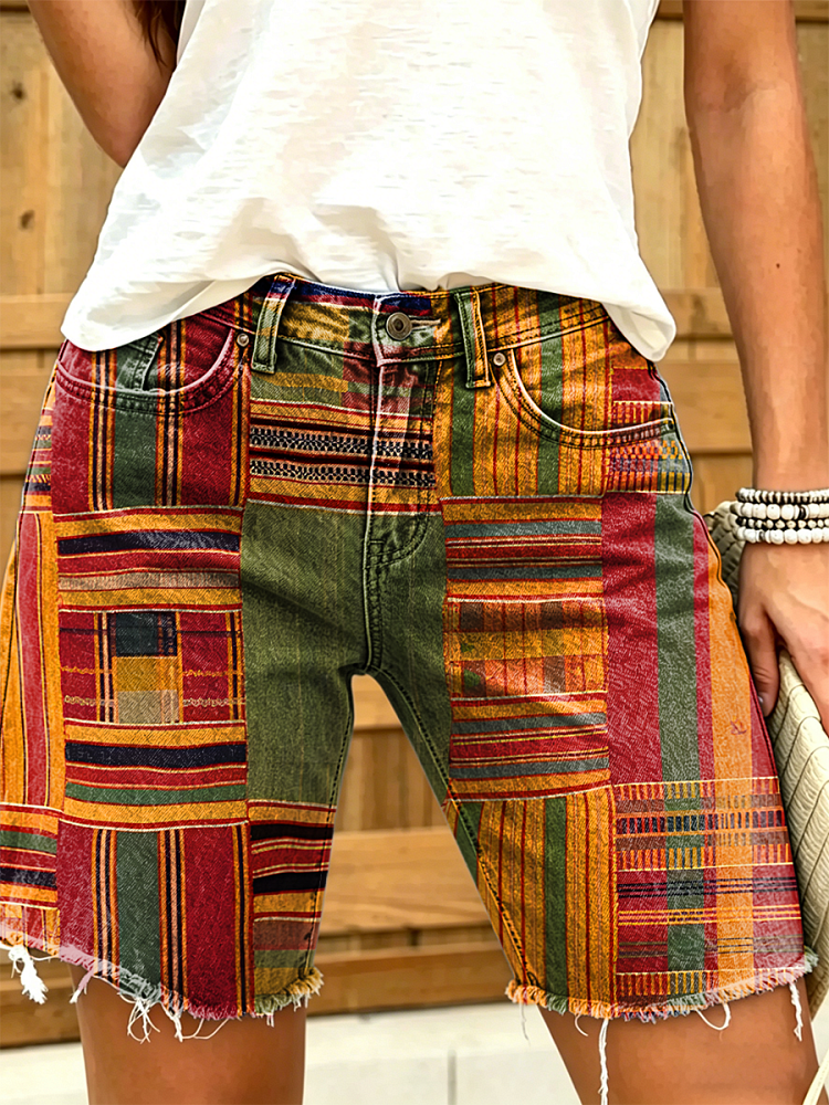 Women's Retro Ethnic Color Block Plaid Art Print Casual Washed Cotton Denim Shorts
