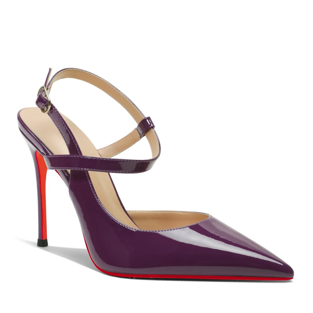 100mm Women Slingback Pumps Ankle Strap Jenlove Stiletto Mid Heel Close Pointed Toe Dress Red Bottoms Shoes-MERUMOTE