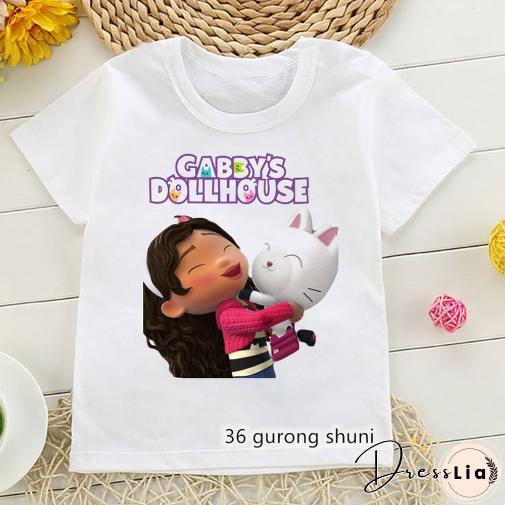 Kawaii Girls T Shirts Gabbys Doll House Cartoon Print Childrens Tshirt Summer Tee Girls Clothes White Camisole Tops
