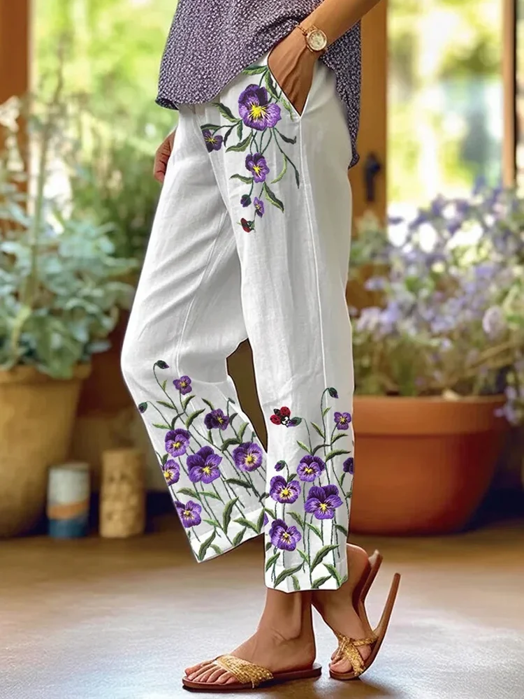 Women's Art Floral Loose Pockets Casual Pants