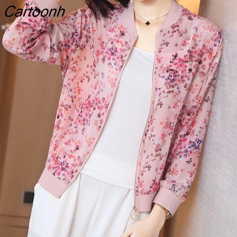 Cartoonh Fashion Summer Chiffon Print Bomber Jacket Women Thin Long Sleeve Loose Female Zipper Jacket Sunscreen Outwear 5XL Clothes