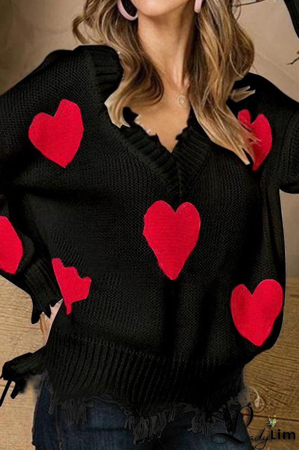 V-Neck Distressed Hearts Casual Sweater