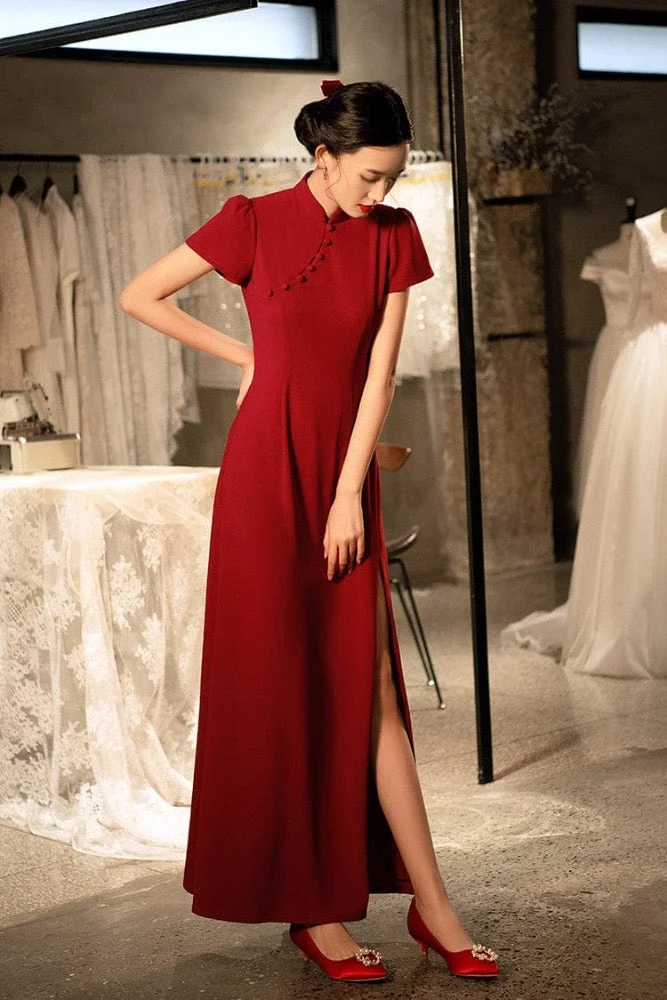 Modern style, butterfly mesh fabric, floor length wedding Qipao