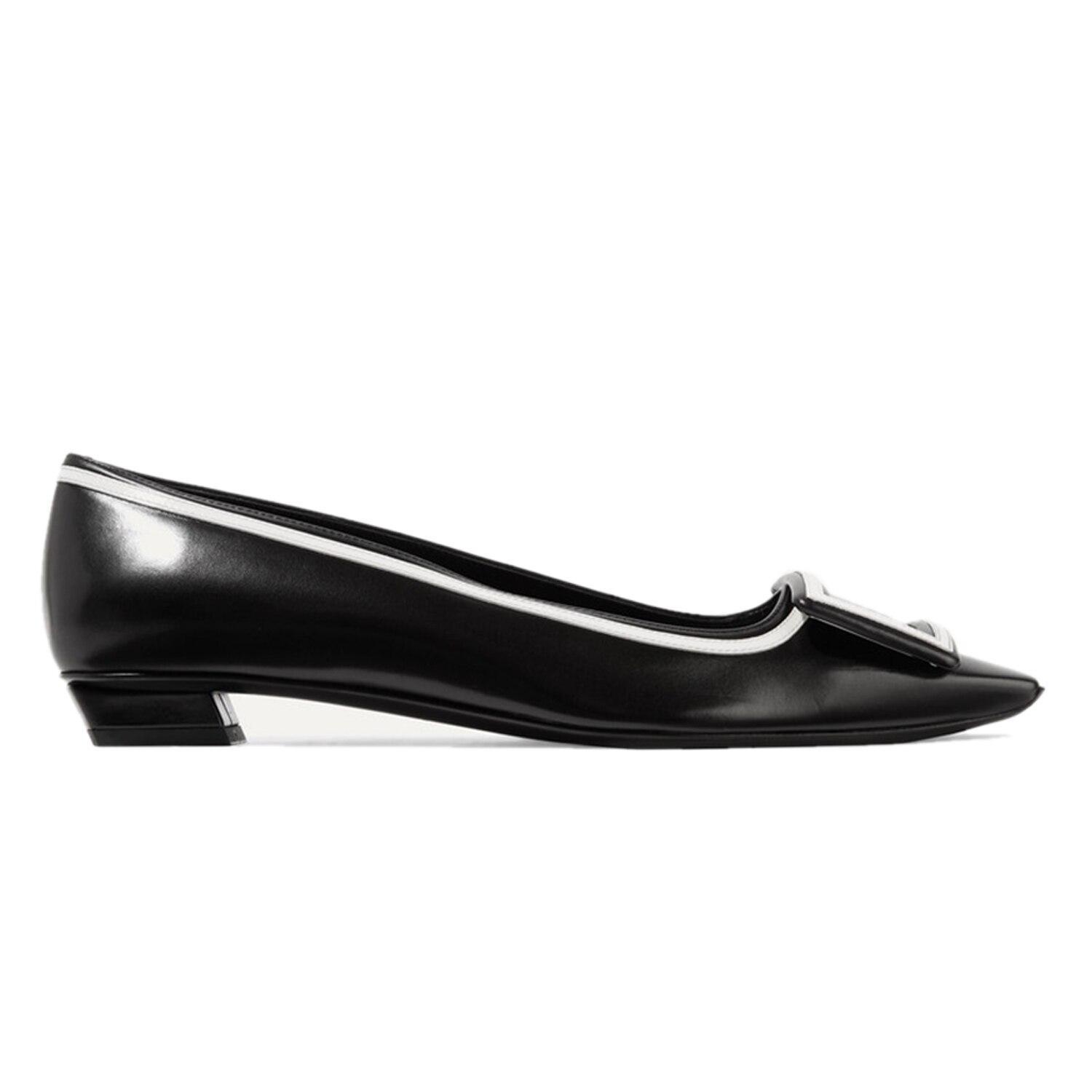 Rectangular Buckle Black Edge Low Heels Women Flats Top Quality Square Toe Pumps Dress Office 39