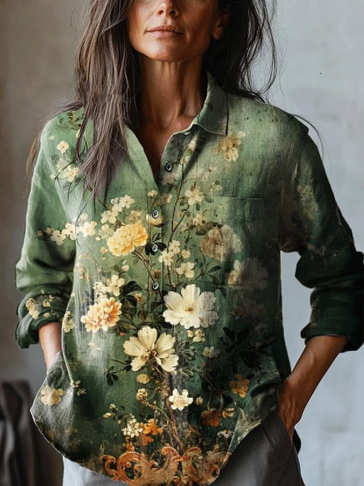 Women's Vintage Lovely Floral Art Print Casual Cotton And Linen Shirt