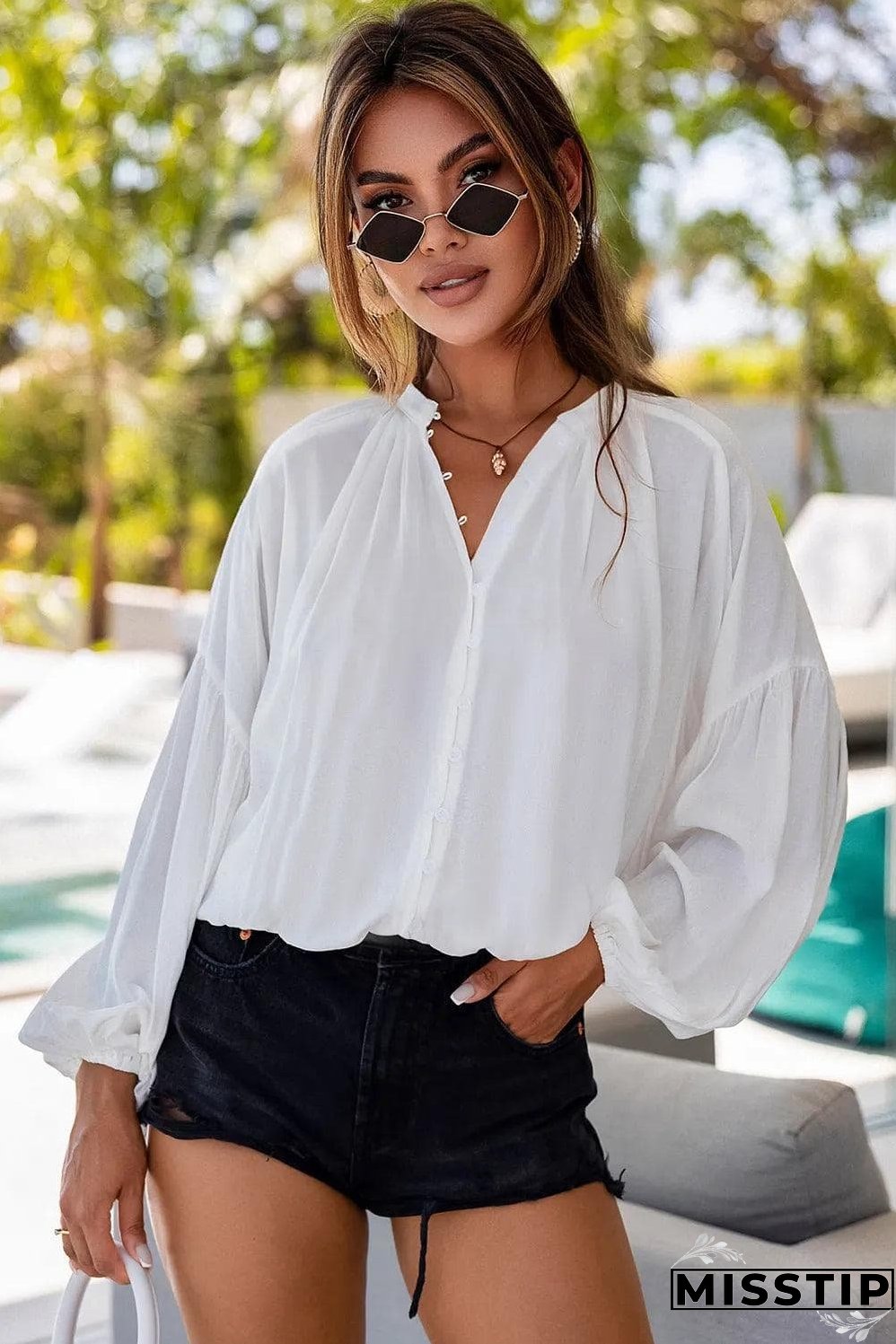 White Solid Color V Neck Balloon Sleeve Shirt