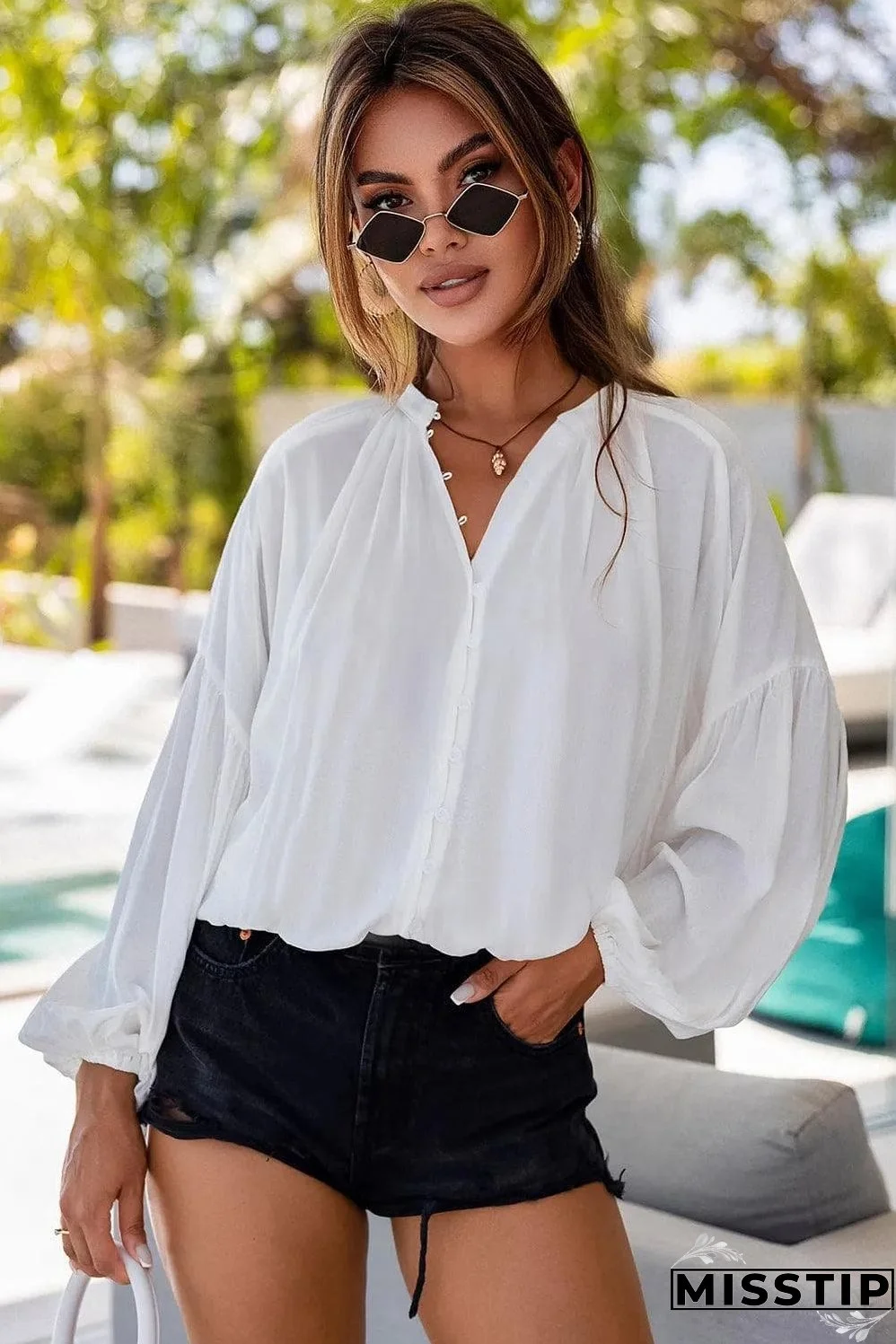 White Solid Color V Neck Balloon Sleeve Shirt