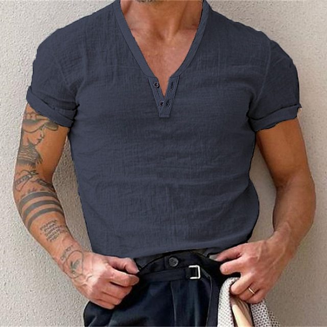 Men's Henley Linen T Shirt Henley V Neck Casual Outdoor Shirt Short Sleeve Plain Collar Casual Hawaiian Clothing