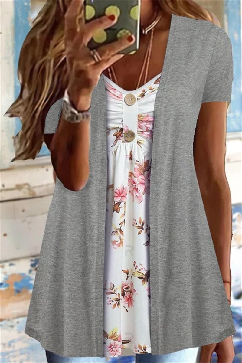 Plus Size Casual Faux Two Piece Ruched Bust Decorative Button Floral V Neck Short Sleeve Blouse