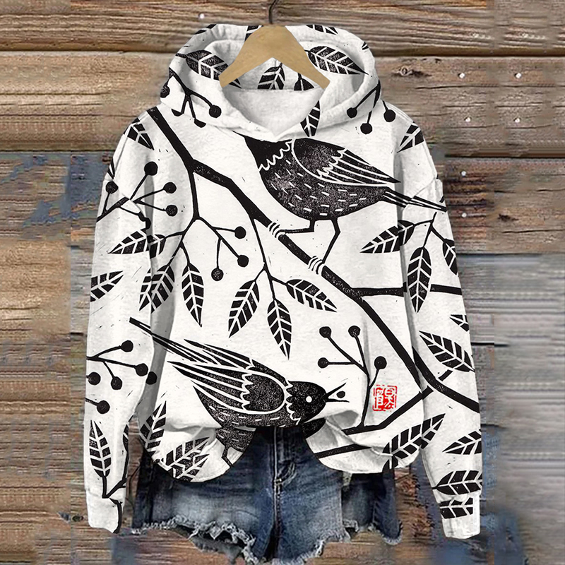 Vintage Birds Lino Art Pattern Comfy Hoodie artswardrobe