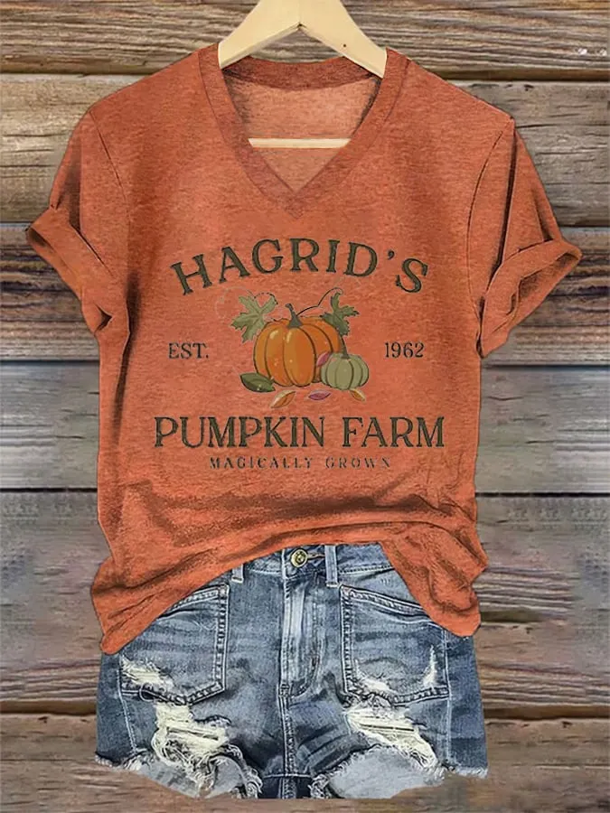 Women's Hagrid'S Pumpkin Patch Print V Neck T-shirt 
