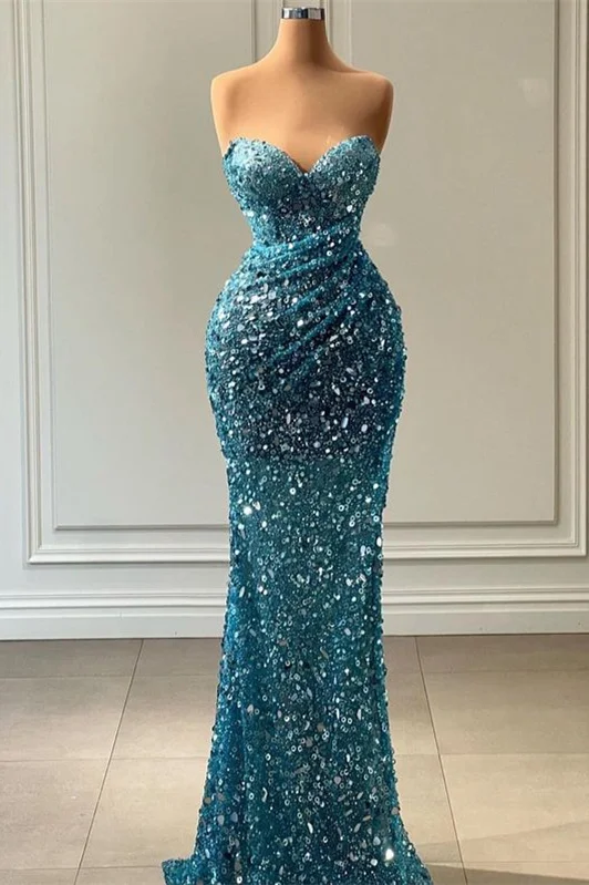 Glitter Royal Blue Sequin Long Prom Dresses Sweetheart Floor Length Formal  Party